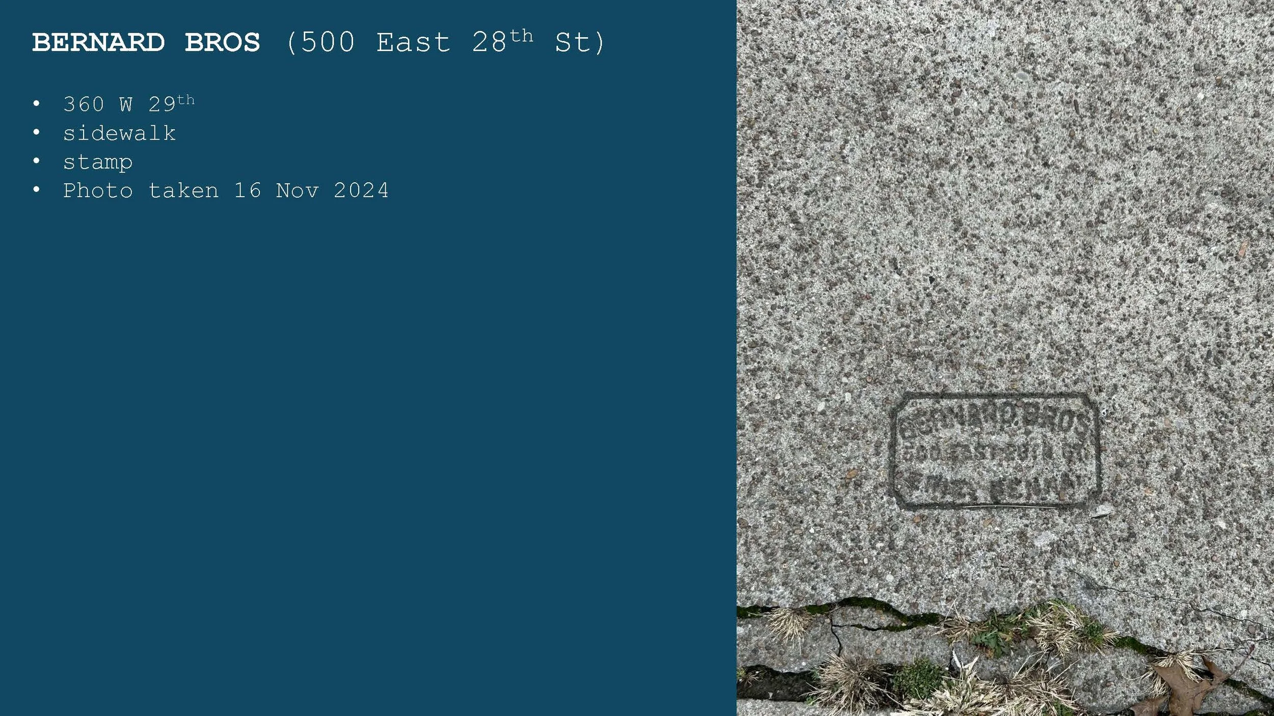 Close-up of a concrete sidewalk with a stamped metal marker reading "PROPERTY OF THE CITY OF SEATTLE."