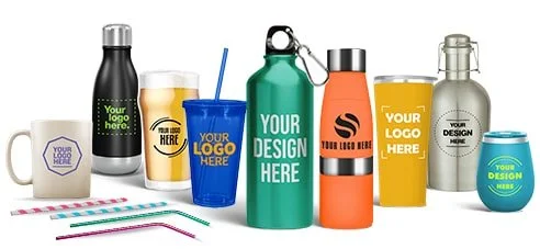 Collection of customizable drinkware including mugs, tumblers, water bottles, and straws, some with logos or text.