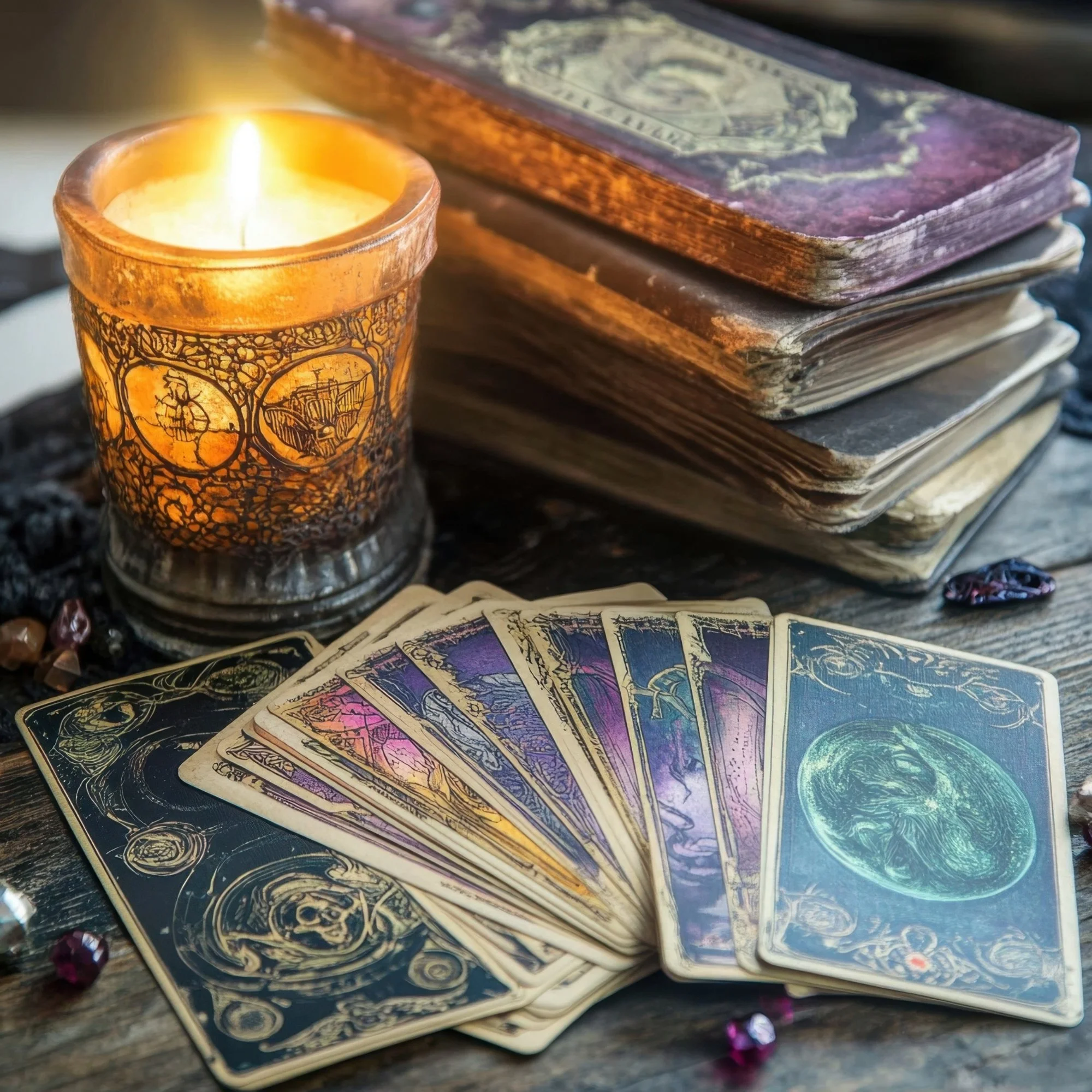 Image of tarot cards and a candle to represent Psychic Intuitive Readings and Soul Coaching.
