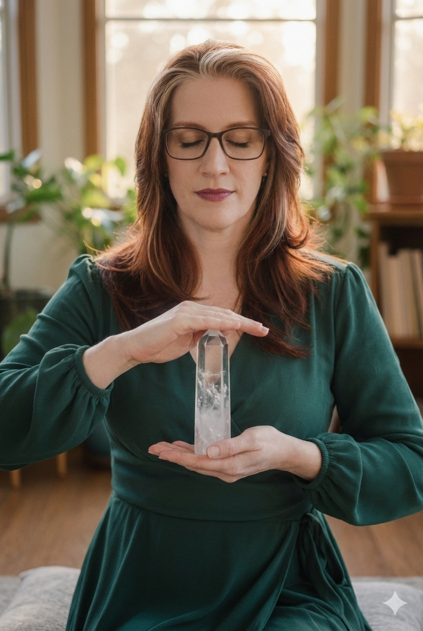 A clairvoyant holding a crystal practicing remote reiki energy healing session.