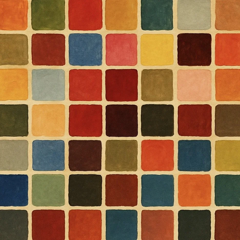 A colorful grid of painted squares featuring various colors including red, blue, green, yellow, orange, brown, black, and pink, arranged in a pattern.