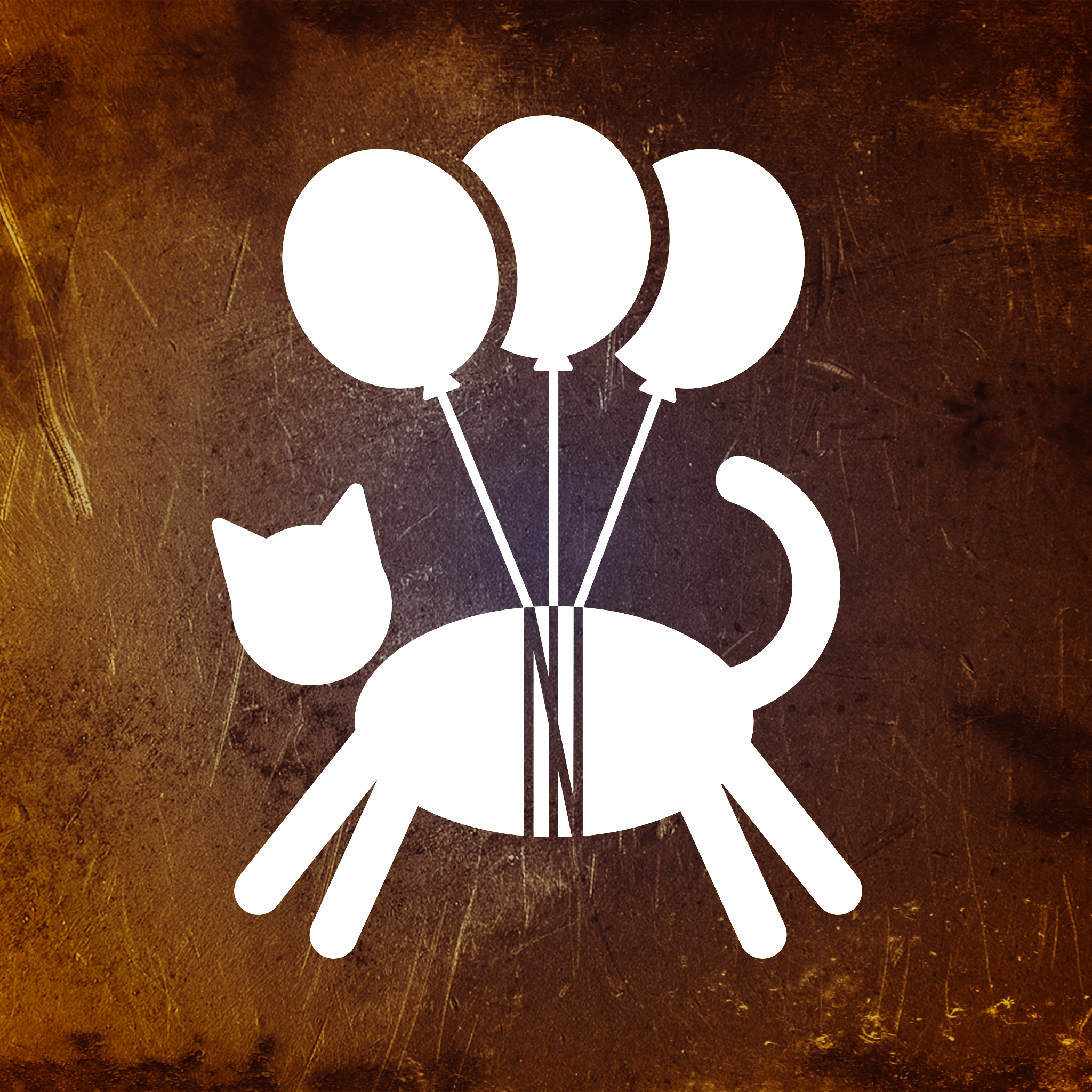 White silhouette of a cat with three balloons connected to it, set against a textured dark brown background.
