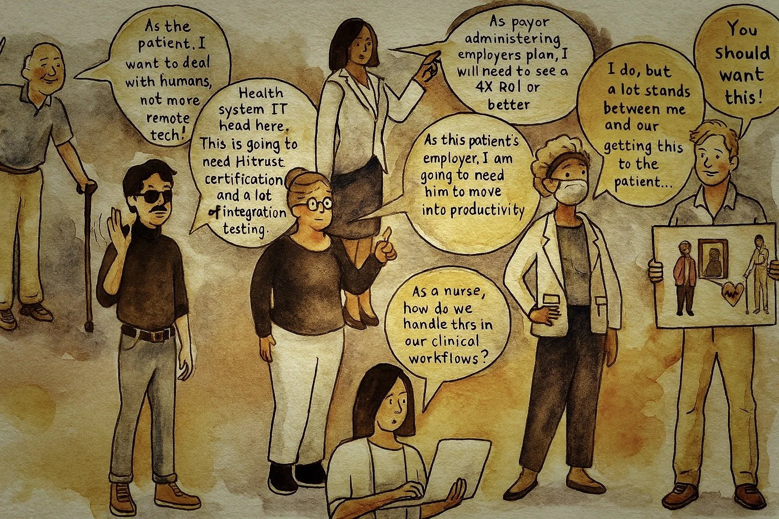 Illustration of healthcare professionals and a patient discussing medical workflows and certifications, with speech bubbles highlighting topics like HR policies, IT systems, and clinical workflows.