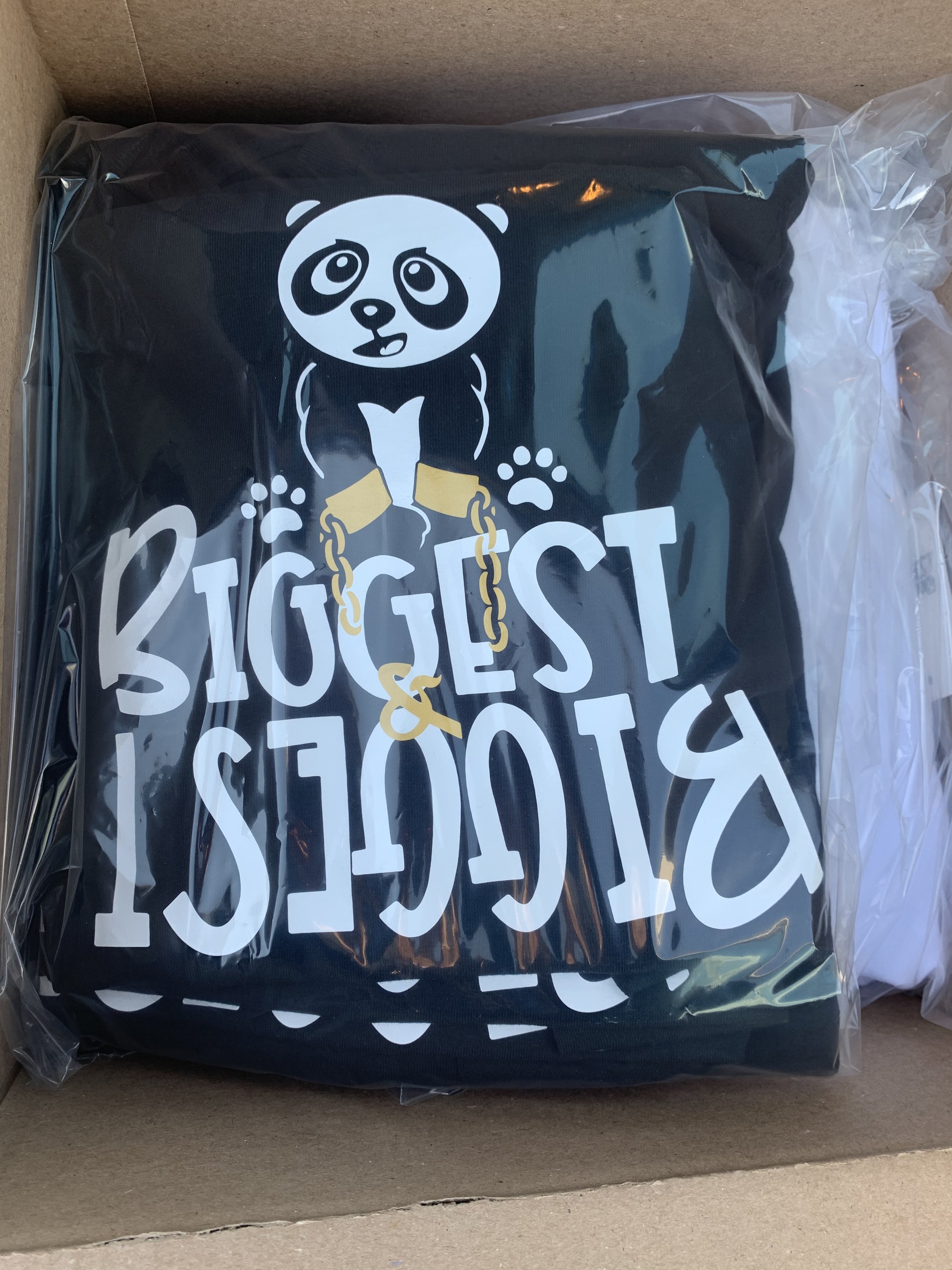 A black t-shirt with a panda illustration and the text "Biggest & Coolest" inside a cardboard box, wrapped in plastic.