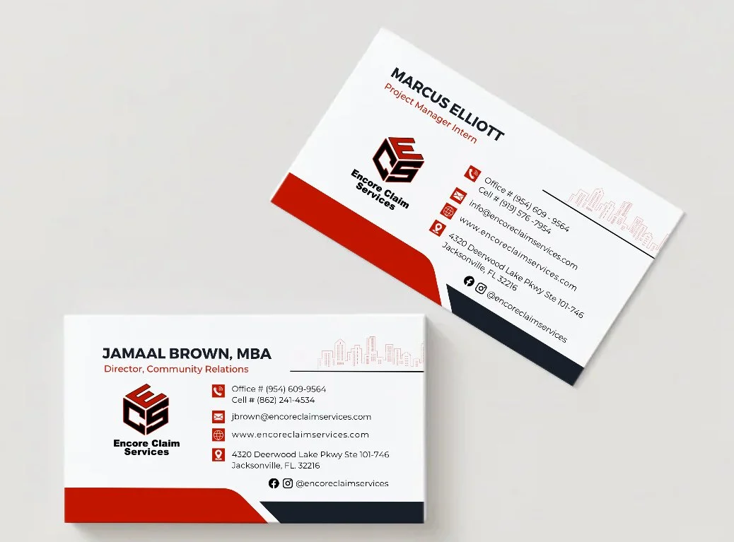Business cards for Encore Claim Services, one with Marcus Elliott's name and title, the other with Jamaal Brown's name and title, displaying contact information, logo, and city skyline graphic.