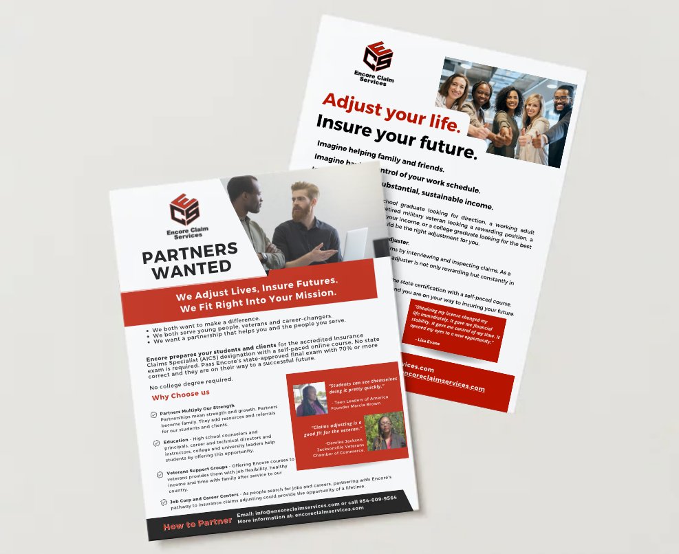 Flyer for Encore Claim Services with images of diverse professionals, promoting partnerships, employment, and career support for veterans and students.