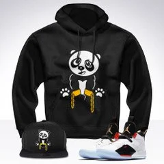 Black hoodie with panda graphic, matching panda backpack, white and red sneaker, and black sunglasses with red accents.