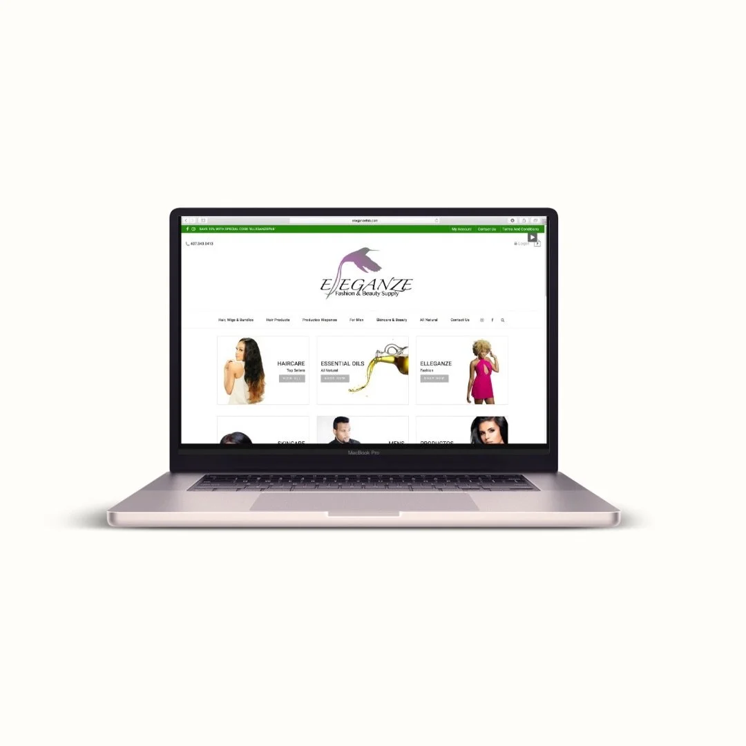Open laptop showing an online store called Elegance Fashion & Beauty Supply with categories for haircare, essential oils, and elegance fashion.