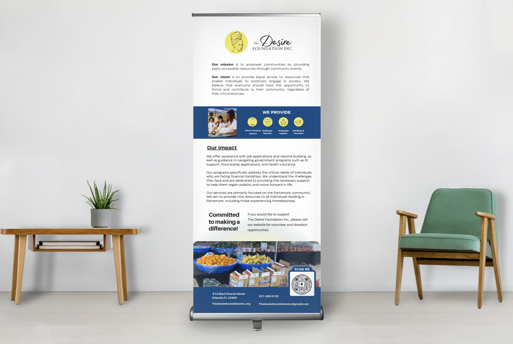 A standing banner for The Desire Foundation Inc. shows their mission, vision, services provided, impact, and contact details, with an image of community food distribution and a QR code at the bottom.