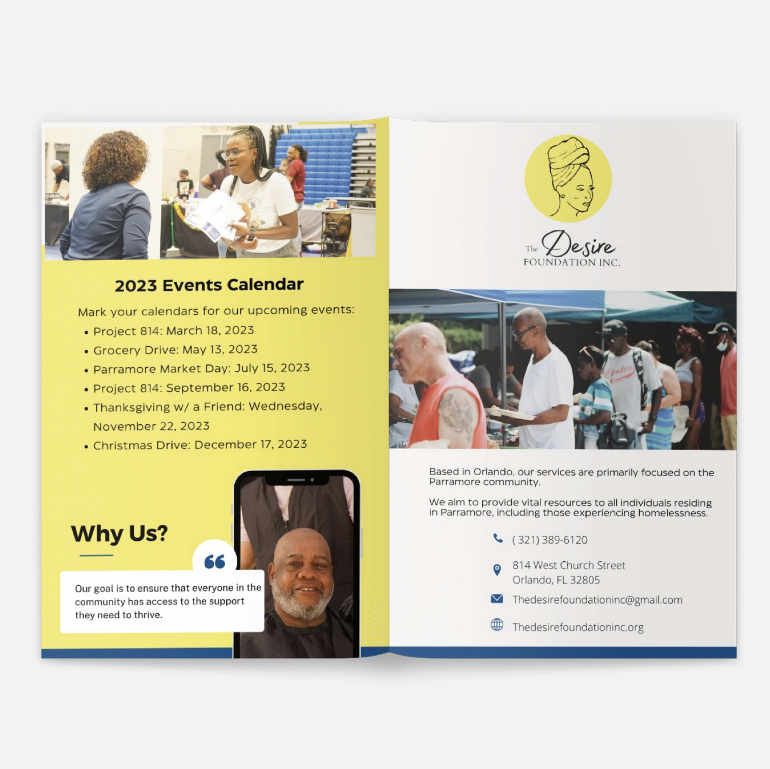 Double-page brochure with event calendar on the left page, featuring photos of people at community events, and information about the Desire Foundation on the right page, including contact details and a photo of a group of people at an outdoor gatheri