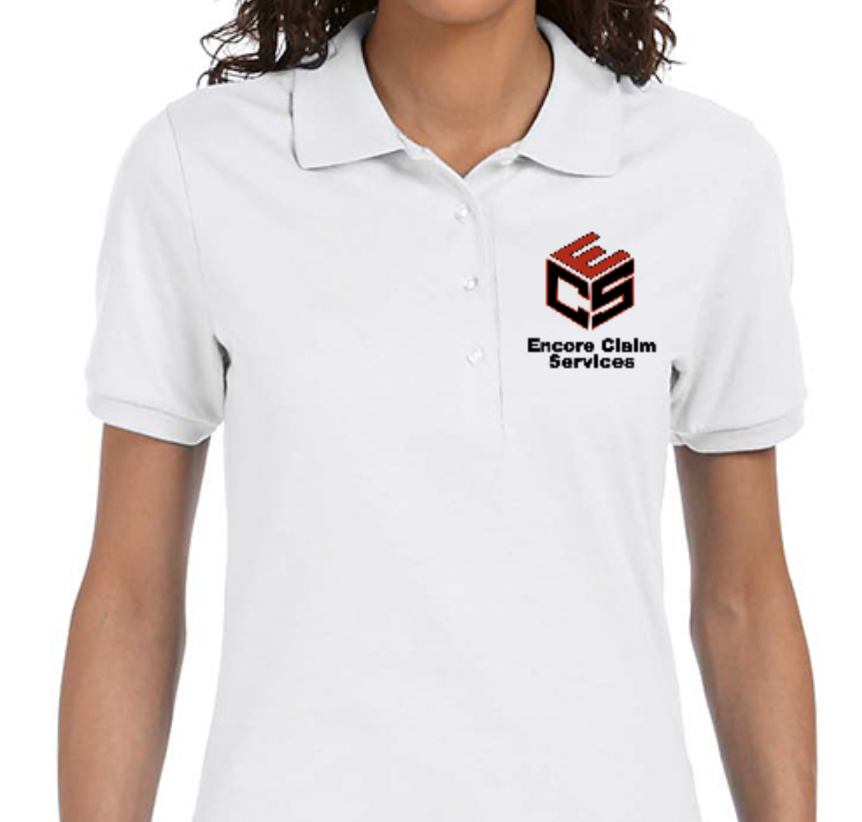 White polo shirt with a logo and text for Encore Claim Services on the left chest.