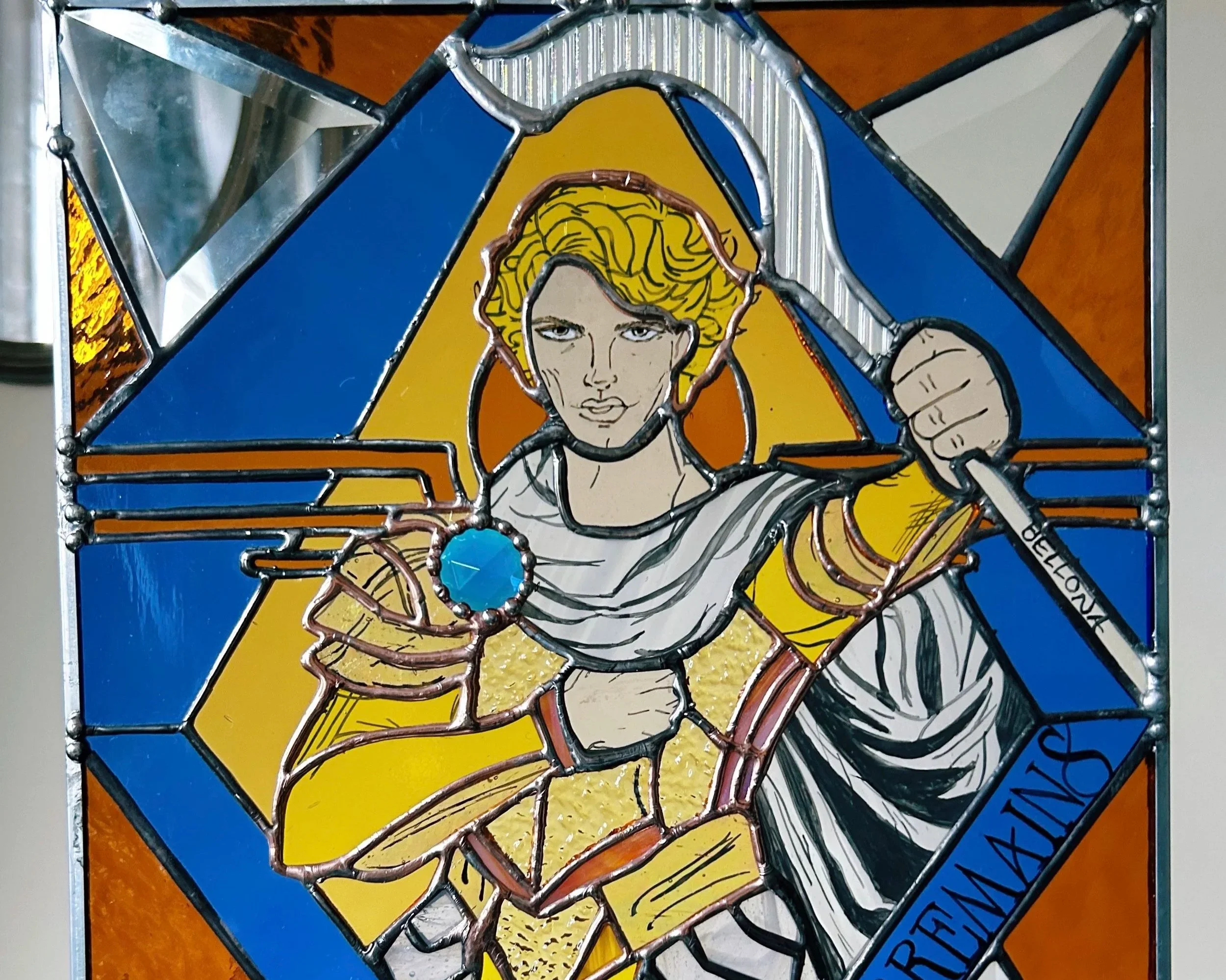 Red Rising inspired Stained glass artwork depicting Cassius Au Bellona, holding a razor scythe with the word 'BELLONA' on it, and the quote 'MY HONOR REMAINS' visible at the bottom right corner.