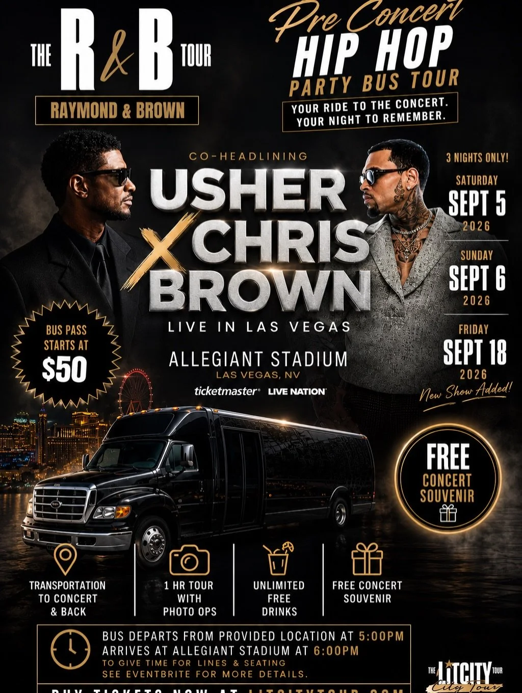 🚨 VEGAS, THIS ONE IS FOR THE HIP HOP LOVERS! 🚨

Your ride to the concert&hellip; your night to remember! 🚌🔥

Get ready for the ultimate Pre-Concert Hip Hop Party Bus Tour with Usher x Chris Brown LIVE in Las Vegas! 🎶✨

🚌 Transportation to the c