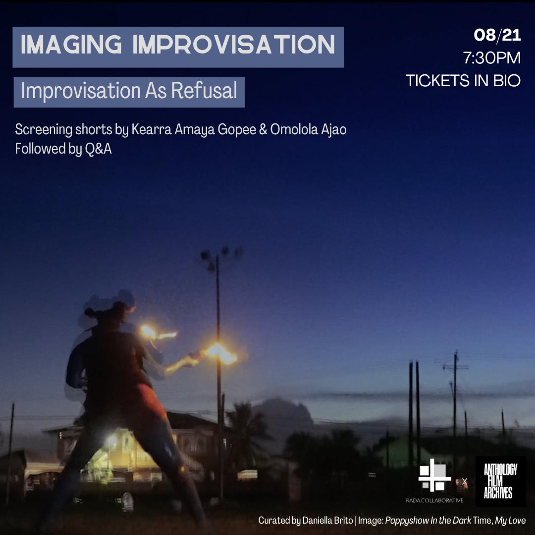 A person performing fire juggling outdoors at dusk, with the sky darkening and silhouettes of buildings and power lines in the background, promotional poster for an event titled 'Imaging Improvisation'.
