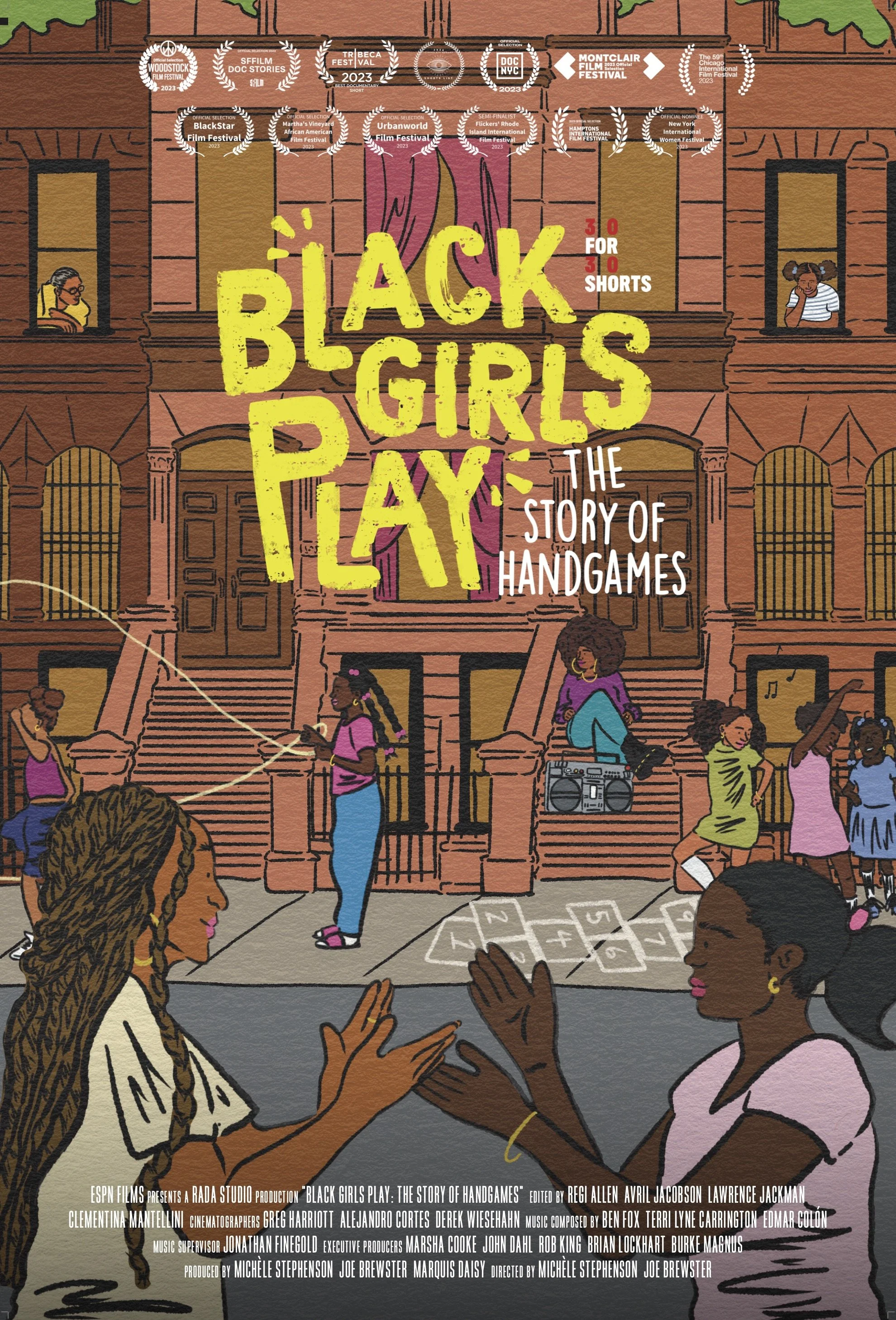 Illustration of a city street scene with young Black girls playing handgames and socializing, with an apartment building in the background. The scene features children and teenagers engaging in various activities like clapping, talking, and dancing. 
