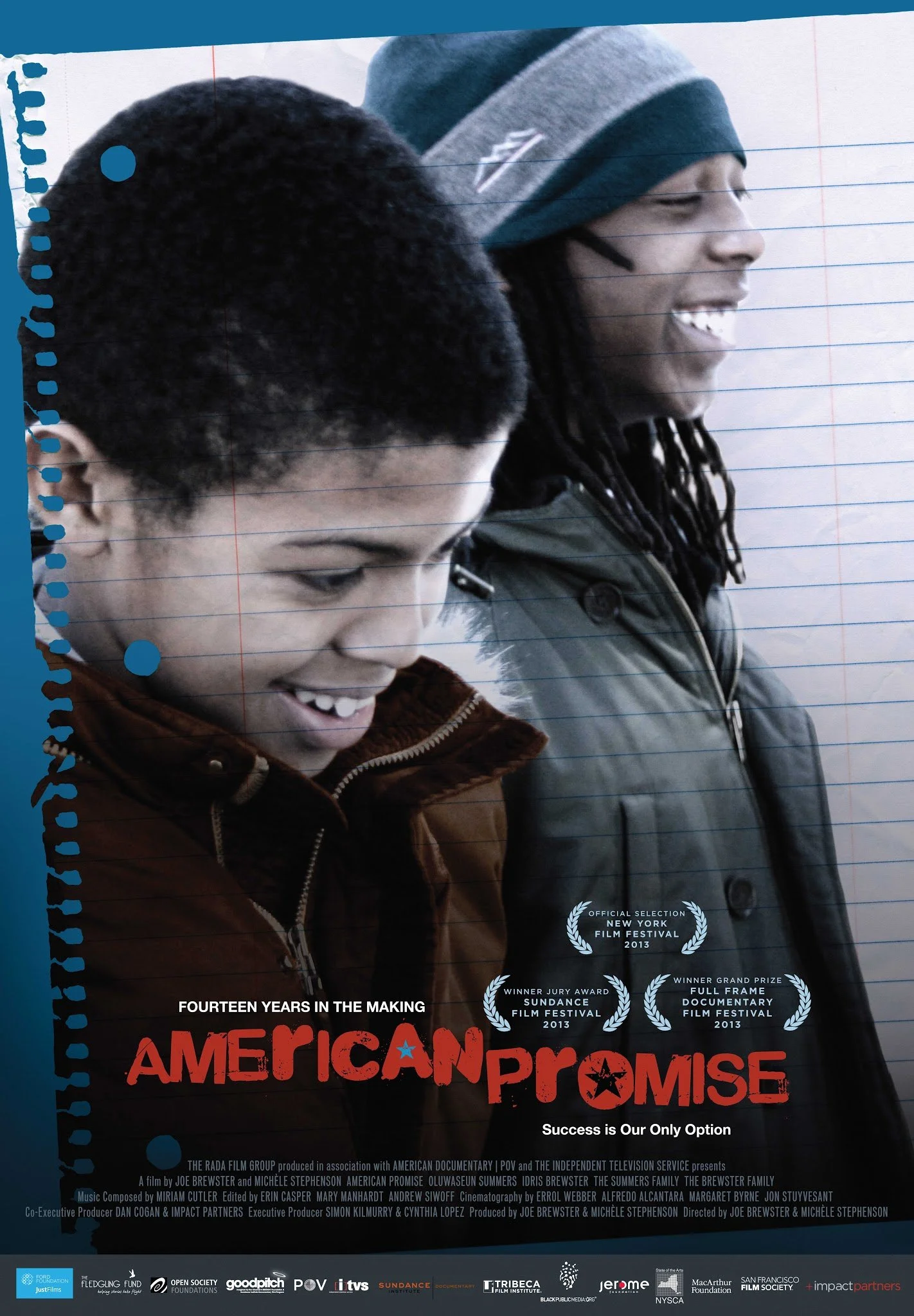Promotional poster for the documentary film 'American Promise' featuring two smiling young men, one with curly hair and the other with braids, wearing jackets and beanies, with film festival awards and production credits at the bottom.