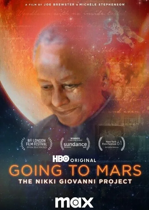 Poster for the HBO original documentary film "Going to Mars: The Nikki Giovanni Project," featuring a close-up image of Nikki Giovanni with space-themed background and film festival laurels.