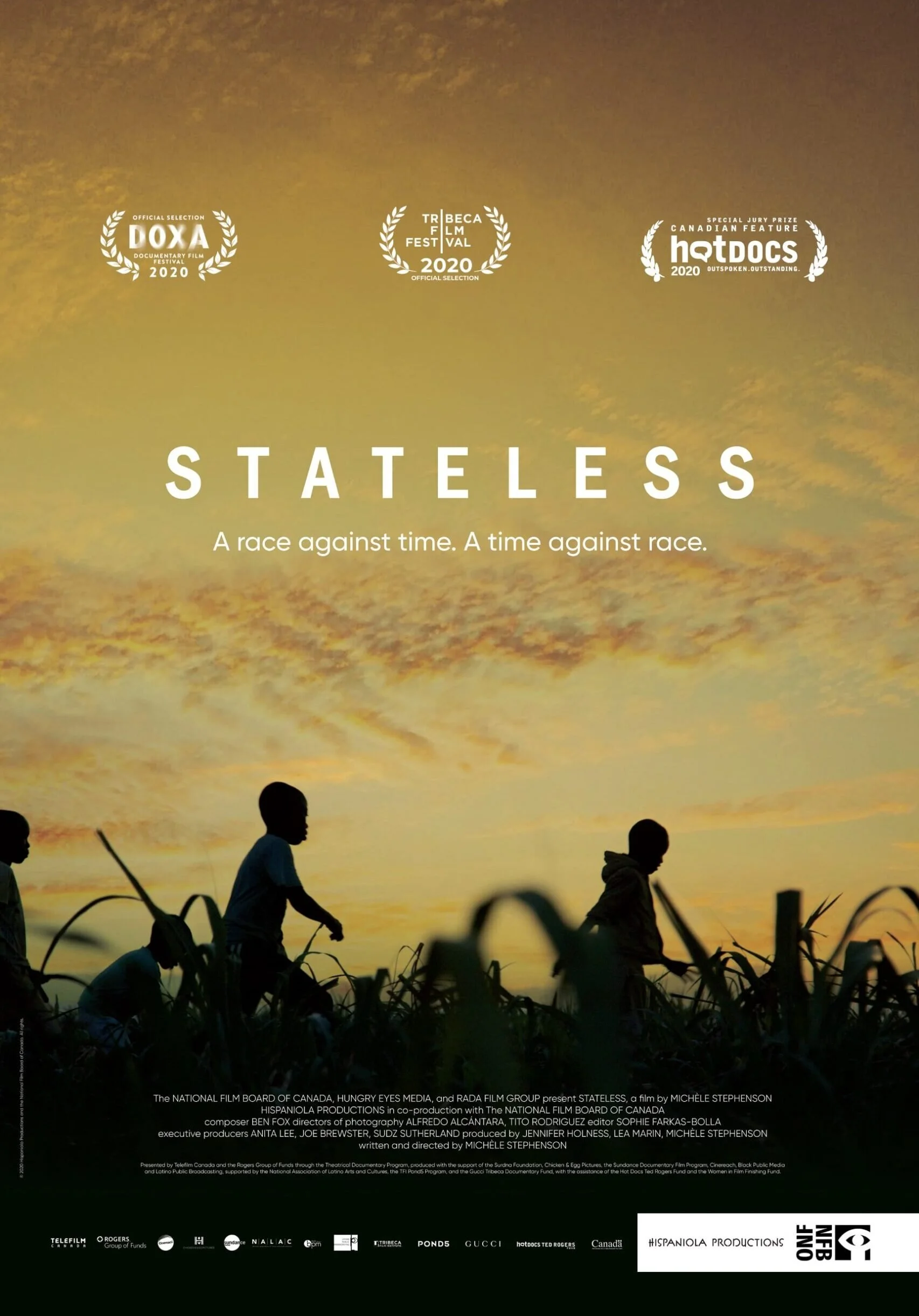 Poster for the film 'Stateless' featuring silhouettes of children running in a field against a sunset sky with film festival laurels and credits.
