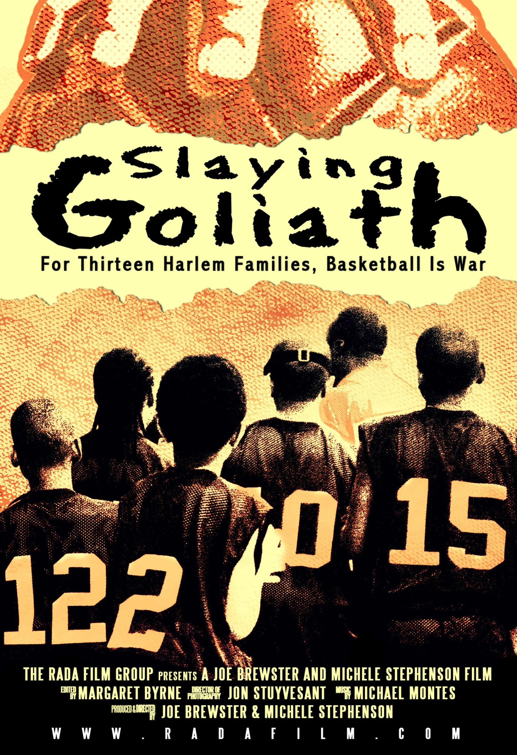 Star football players with numbers on their backs, and a large, stylized image of a cotton plant or flower at the top. The title reads 'Slaying Goliath' with a subtitle about Harlem families and basketball. The poster is designed in black, orange, an