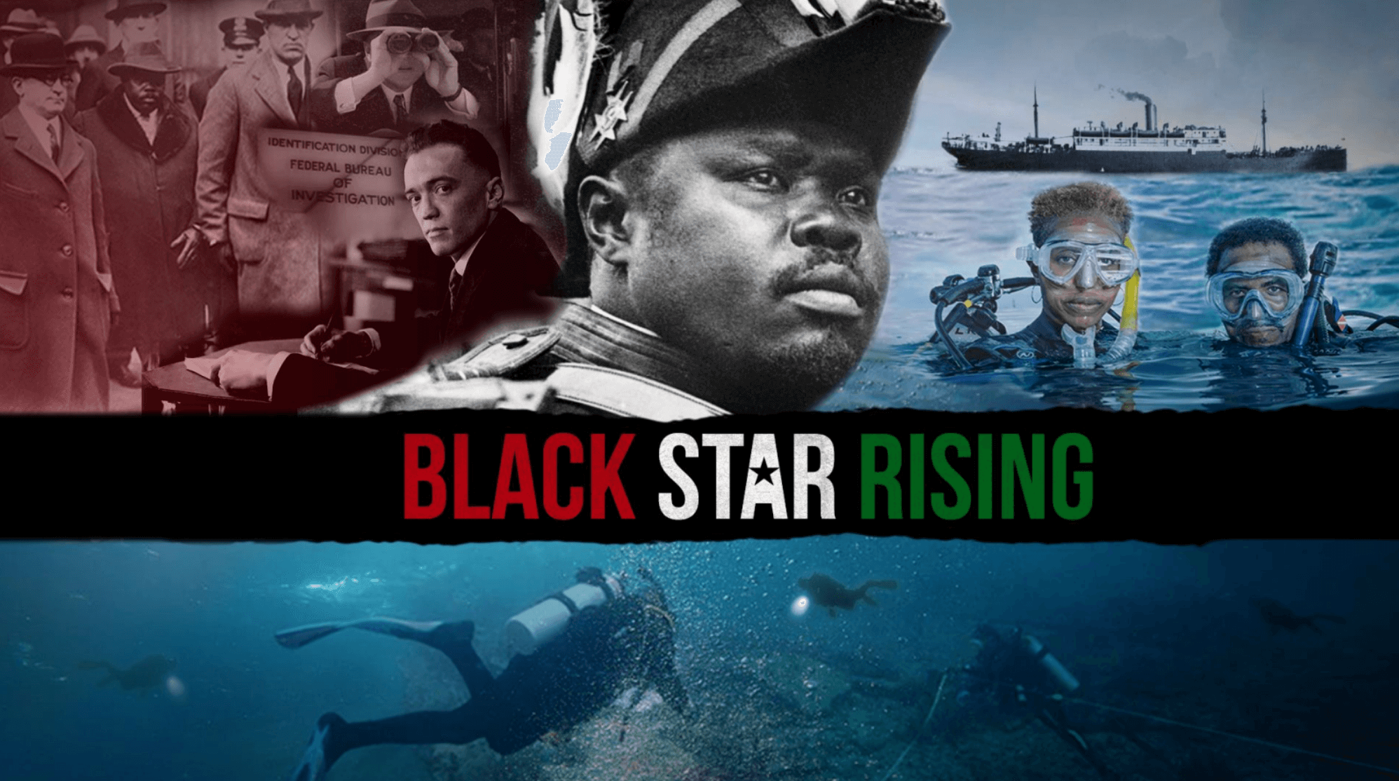 A collage showing historical Black civil rights figures on the left, a Black military officer in uniform in the center, and modern Black scuba divers underwater on the right, with a ship in the background. The text "Black Star Rising" is displayed across the middle.