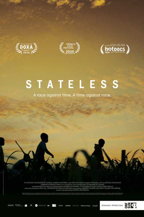 Silhouettes of children riding bikes against a sunset sky, with logos of film festivals and awards at the top and the title 'STATELESS' in the center, along with the tagline 'A race against time. A time against race.'