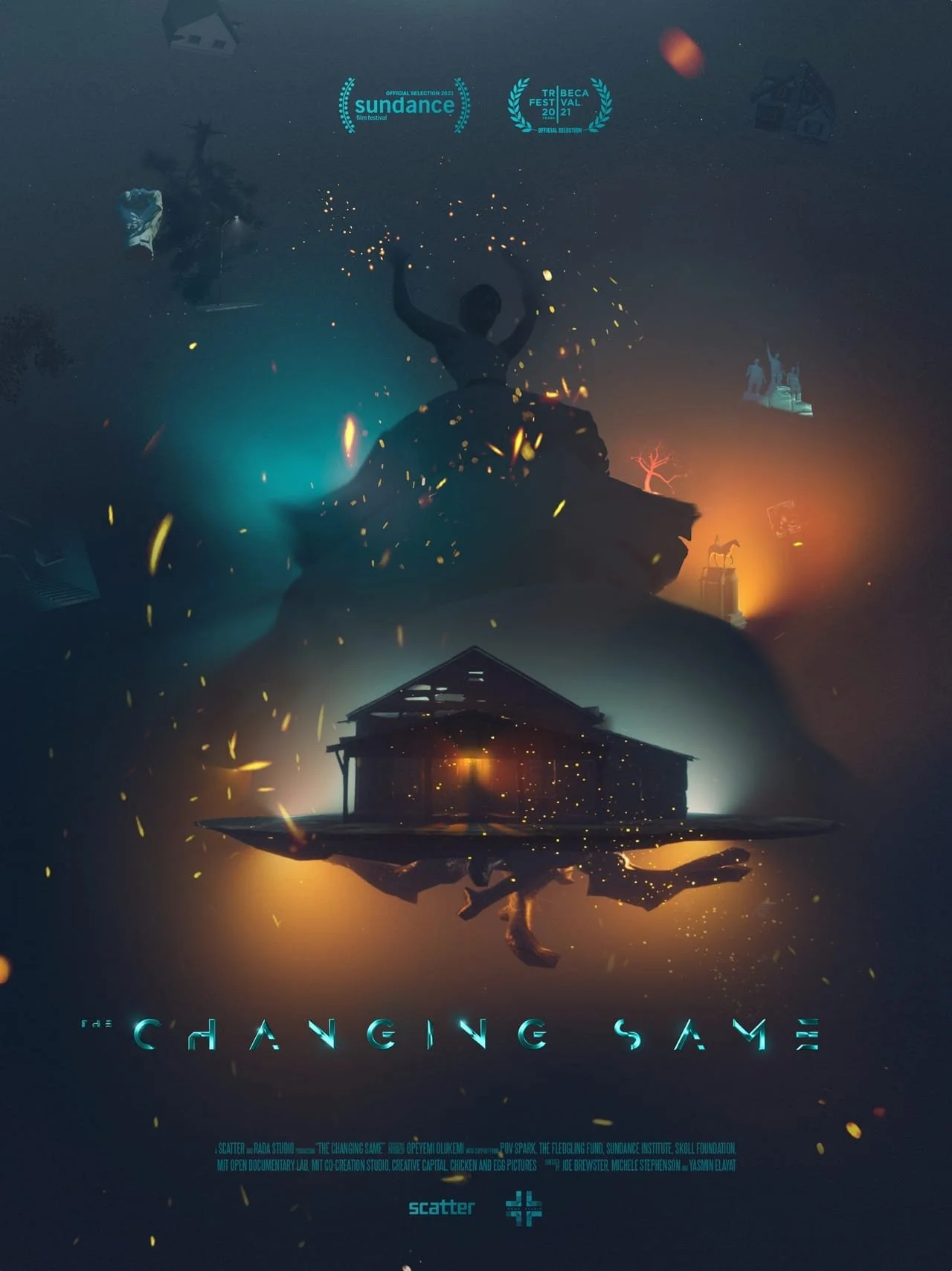 Poster for the documentary film 'The Changing Same' featuring a floating house and a person seated with open arms, surrounded by floating objects and glowing particles in a surreal, dreamlike scene.