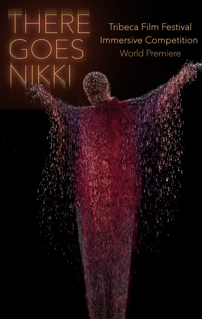 Poster for the world premiere of 'There Goes Nikki' at the Tribeca Film Festival, featuring a silhouette of a person with arms outstretched, made of pink and white particles, against a dark background.