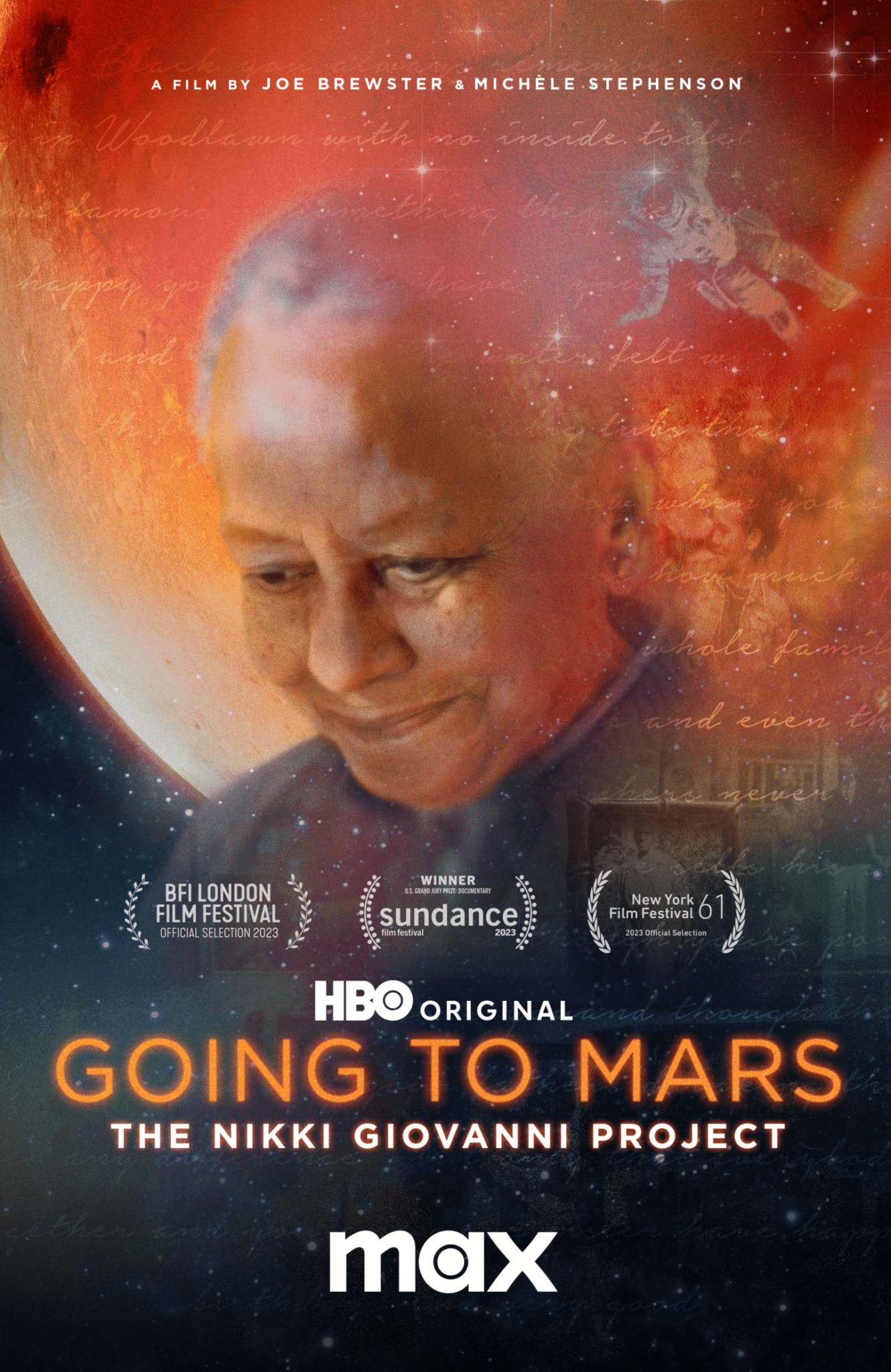 Poster for the HBO documentary "Going to Mars: The Nikki Giovanni Project," showing a woman's face with a cosmic background, awards logos, and the title in glowing orange text.