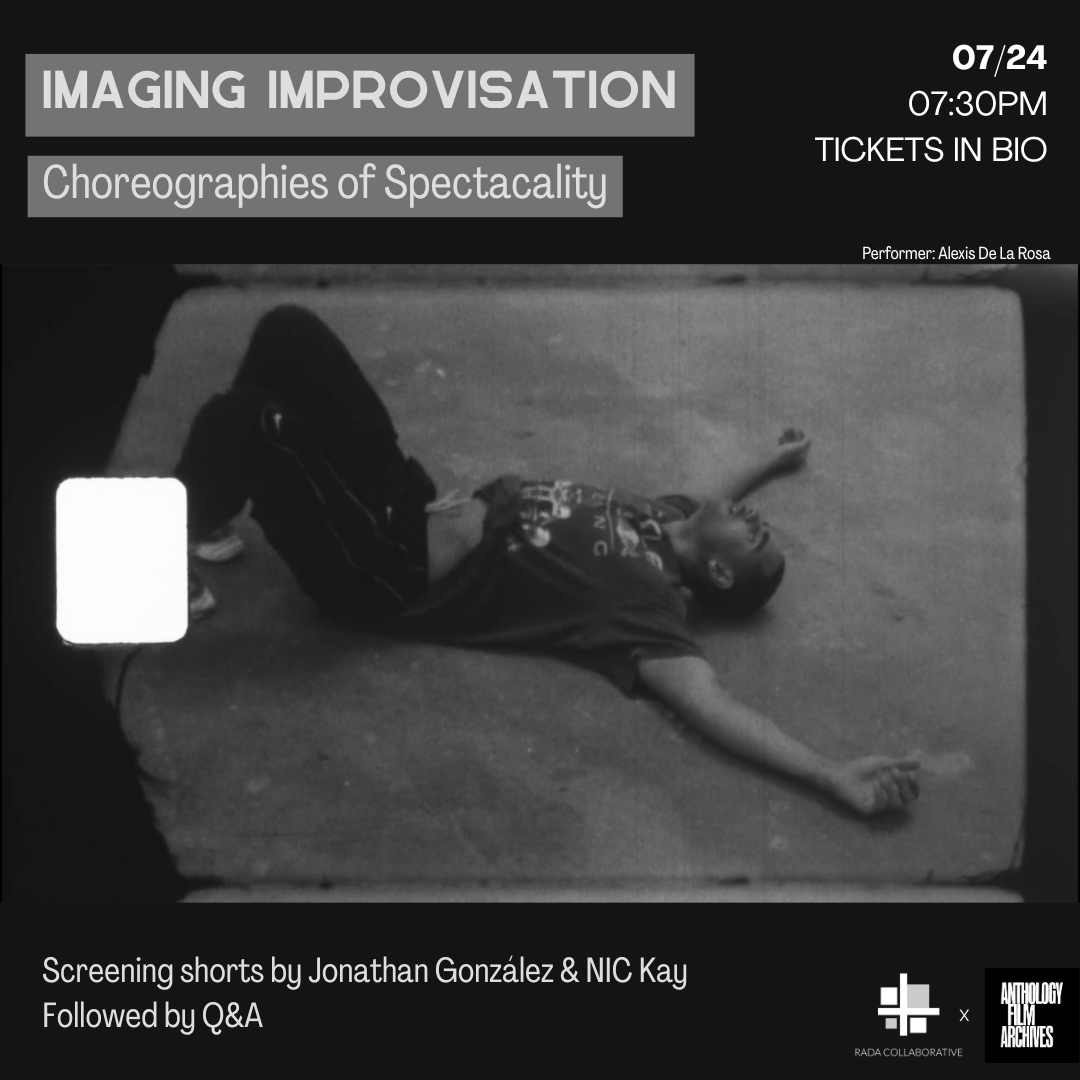 Black and white image of a person lying on the ground with arms and legs outstretched, viewed through a digital screen, with text overlay about an event titled 'Imaging Improvisation.'