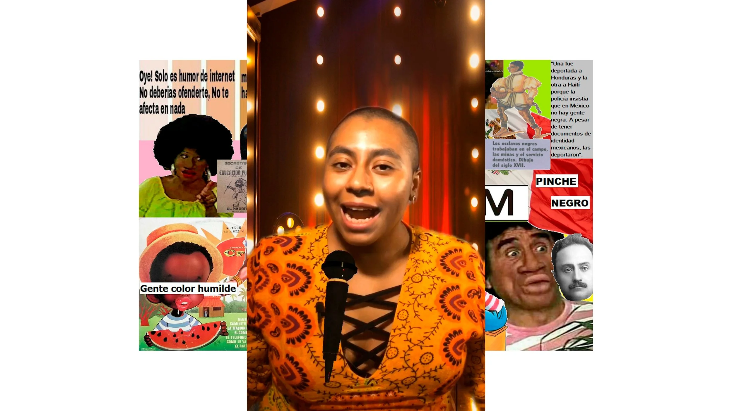 An AfroMexican woman with a shaved head, wearing an orange dress with black patterns, holding a microphone and speaking. Behind her is a golden stage with hanging lights, creating a warm, festive atmosphere.