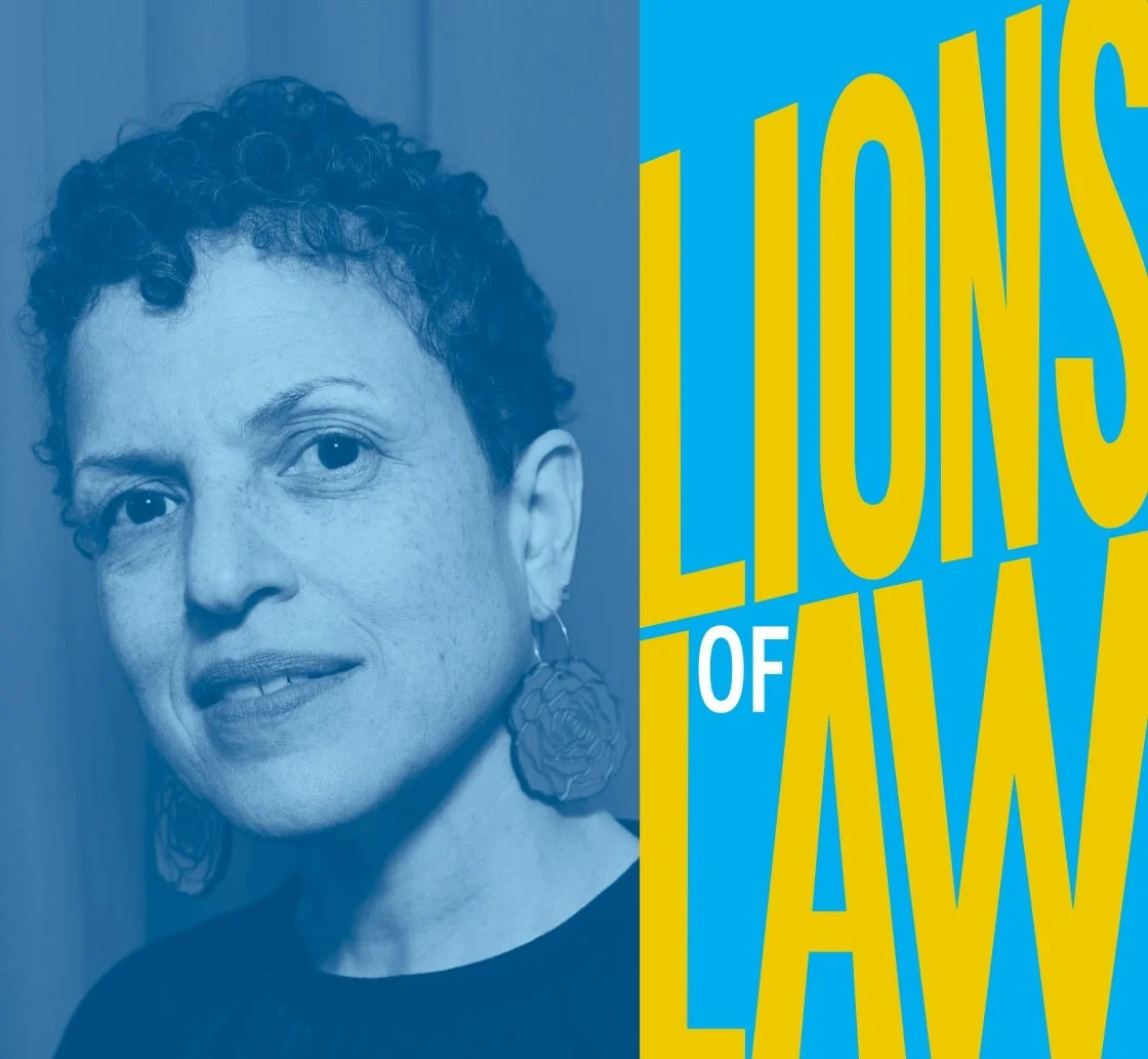 A woman with short, curly hair and large earrings, looking at the camera. The background has text in yellow and white that reads 'Lions of Law' in blue and yellow colors.
