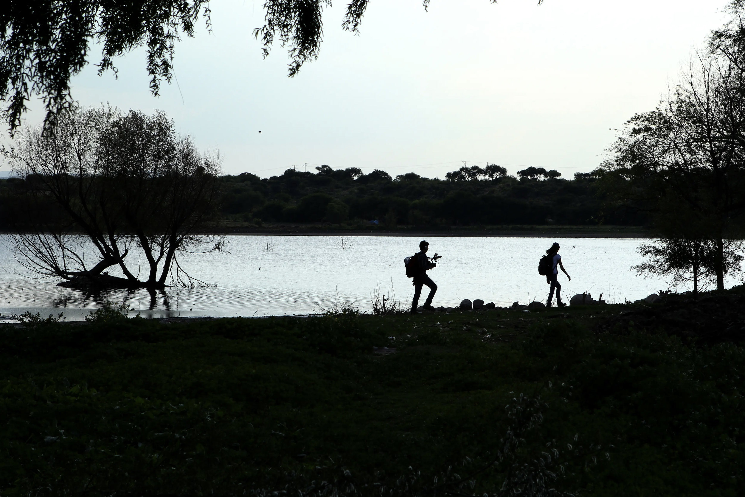 Silhouettes of two people with backpacks walking along the shore of a lake, with trees in the background and one tree partially submerged in water.