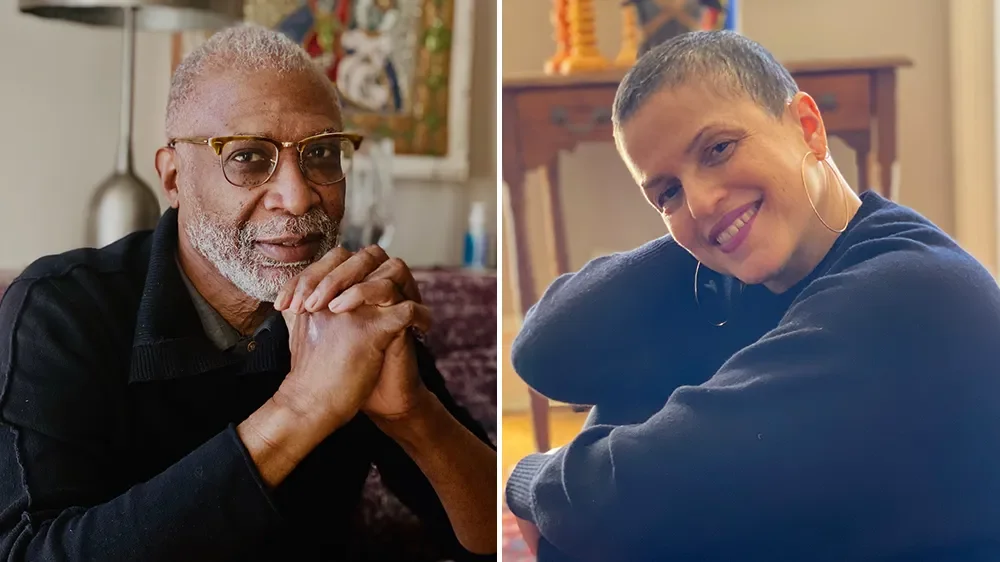 A split-screen of two people: an older man with gray hair and glasses, sitting with hands folded, and a young woman with short hair, smiling with her arms resting on her knees.