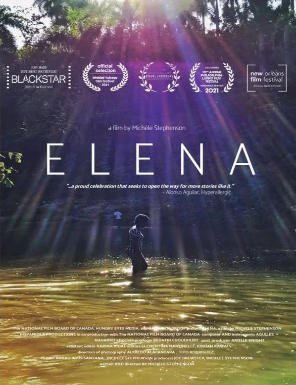 Poster for the film 'Elena' featuring sunlight streaming through trees, with a person wading in water and award laurels at the top.