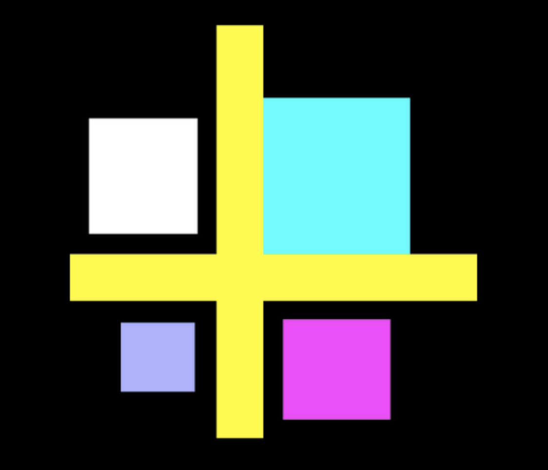 Colorful abstract digital art with a black background, featuring a central yellow cross with four surrounding colored squares in white, blue, purple, and pink.