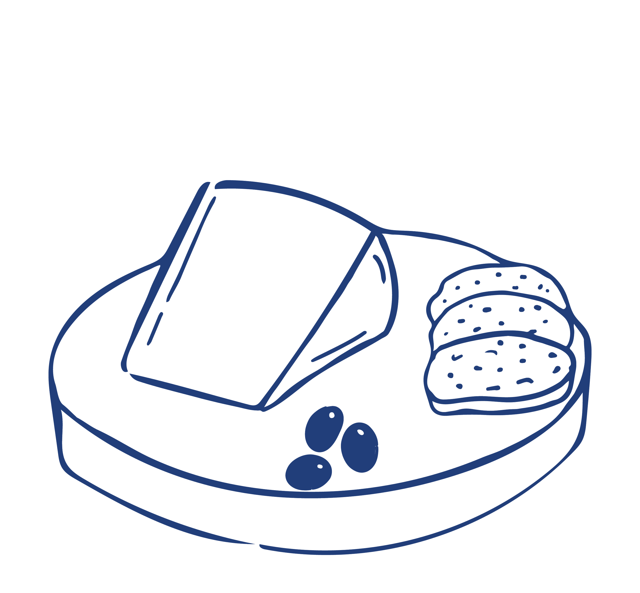 Line drawing of a cheese platter with slices of cheese, grapes, and crackers on a round plate.