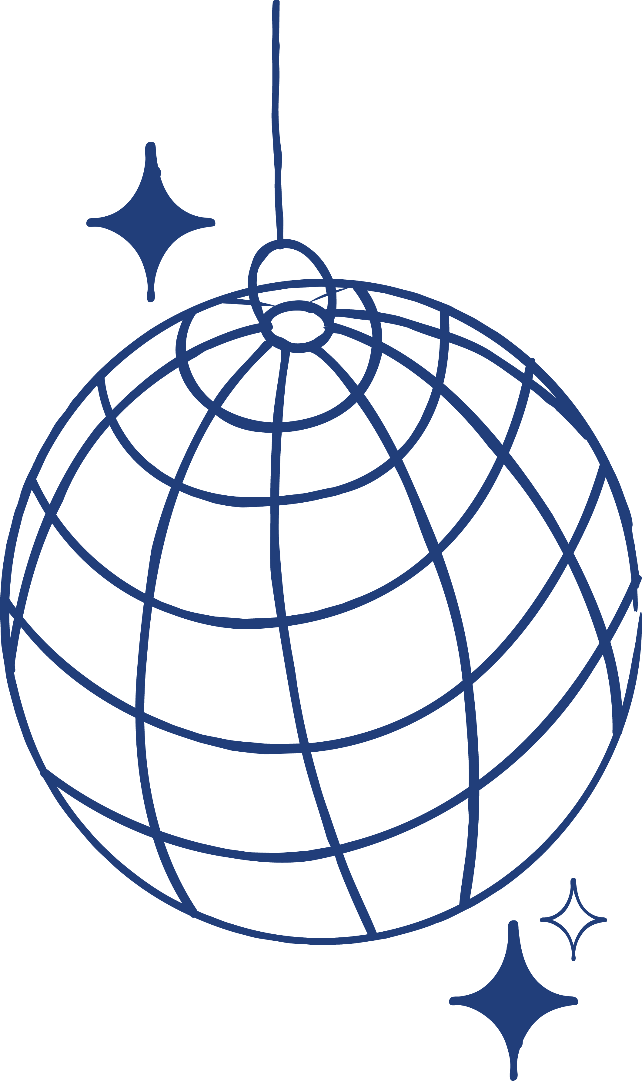 Outline of a disco ball with two star-shaped sparkles around it, depicted in blue on a black background.