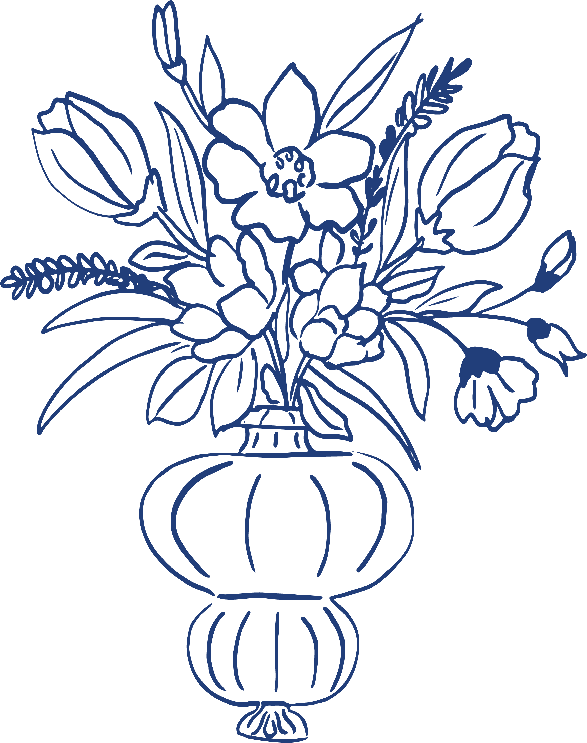 Blue line drawing of a flower vase with various flowers and leaves against a black background.