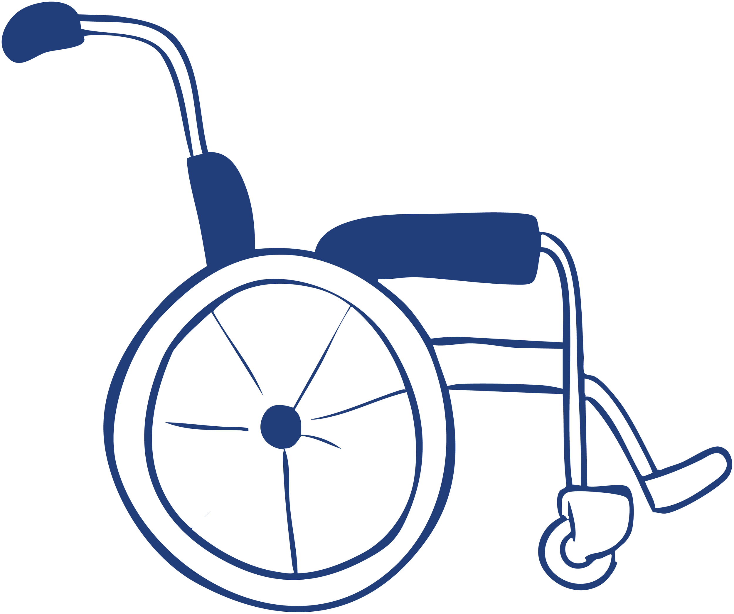 Outline of a wheelchair with large back wheel, small front caster wheel, and seat