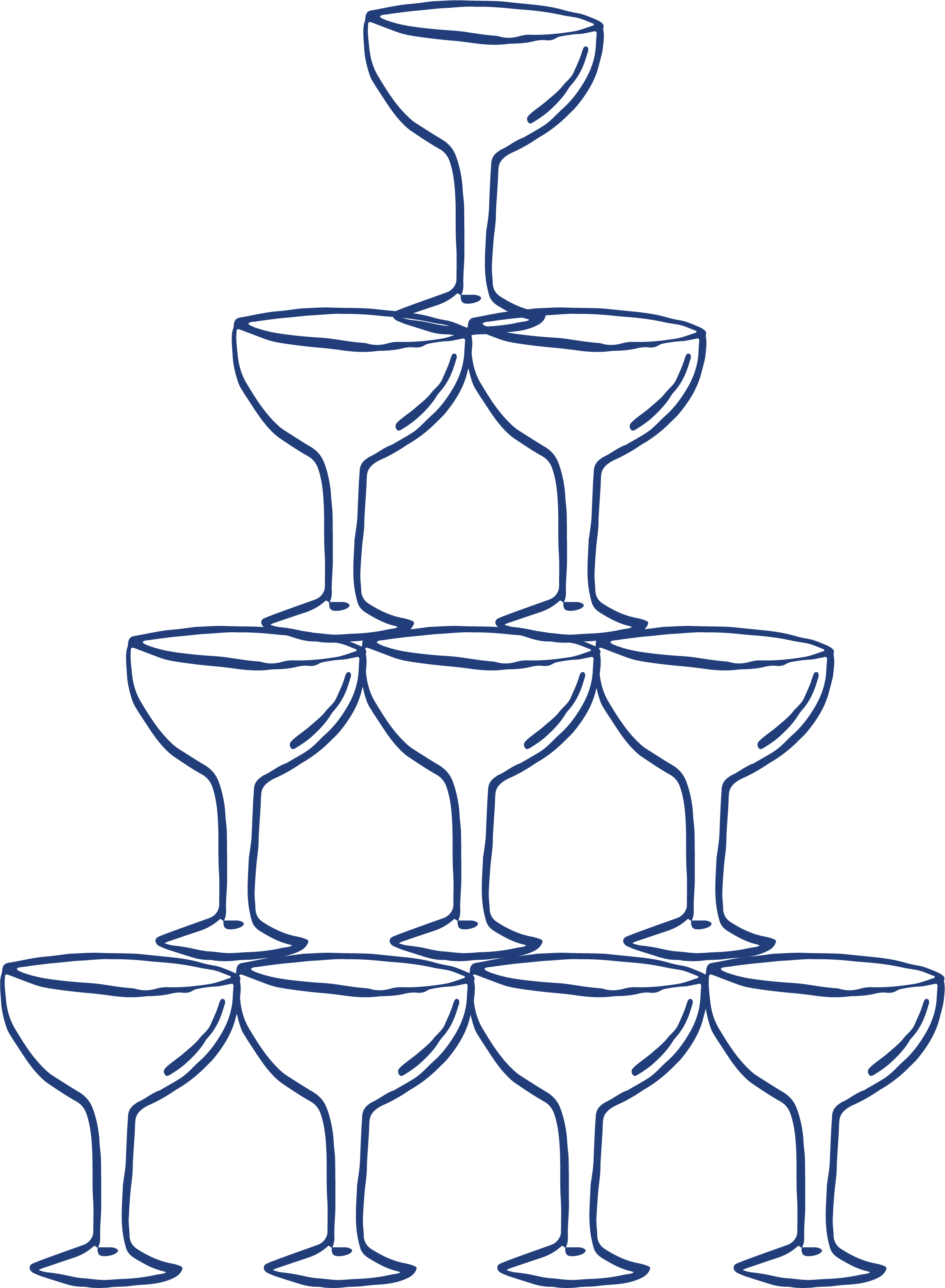 Outline of a pyramid of ten cocktail glasses arranged in a triangular formation with three levels.