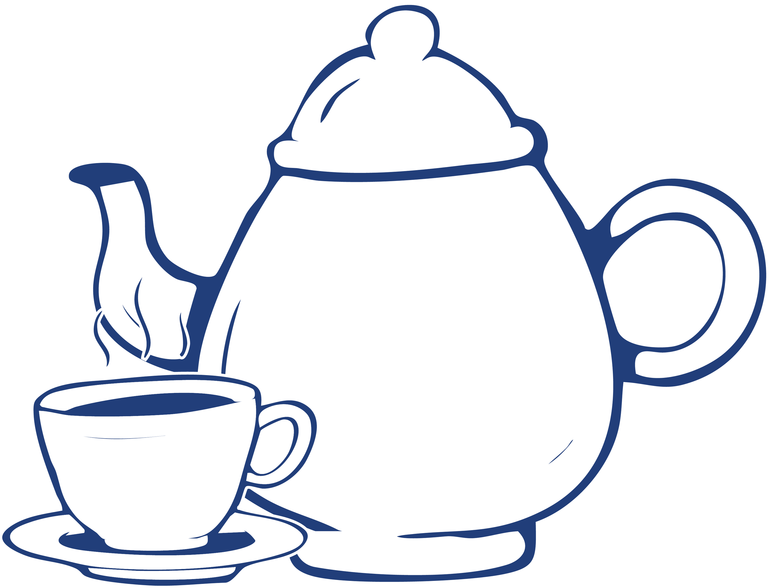 Outlined illustration of a teapot with a handle, spout, and lid, and a teacup with liquid inside, placed on a saucer.