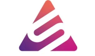 Abstract logo with triangular shapes in shades of red, purple, and pink.