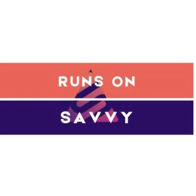Graphic with the phrase "Runs on Savvy" in white text, divided by red and blue horizontal stripes, with a purple arrow in the middle pointing upward.