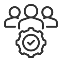 Icon of three people with a gear symbol, representing team or community settings.