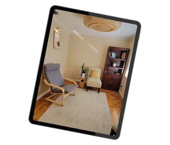 Living room with a gray armchair, a small patterned chair, a dark wood bookshelf, potted plant, beige walls, hardwood floor, and a ceiling light fixture.