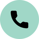 A circular icon with a black phone handset symbol on a light teal background.