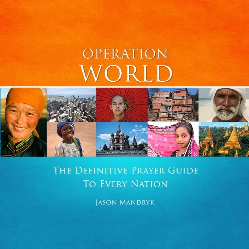 Book cover titled "Operation World: The Definitive Prayer Guide for Every Nation" by Jason Mandryk, featuring a collage of diverse people and landmarks from around the world.