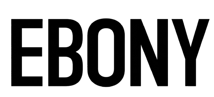 The word 'EBONY' written in large, outlined black letters on a black background.