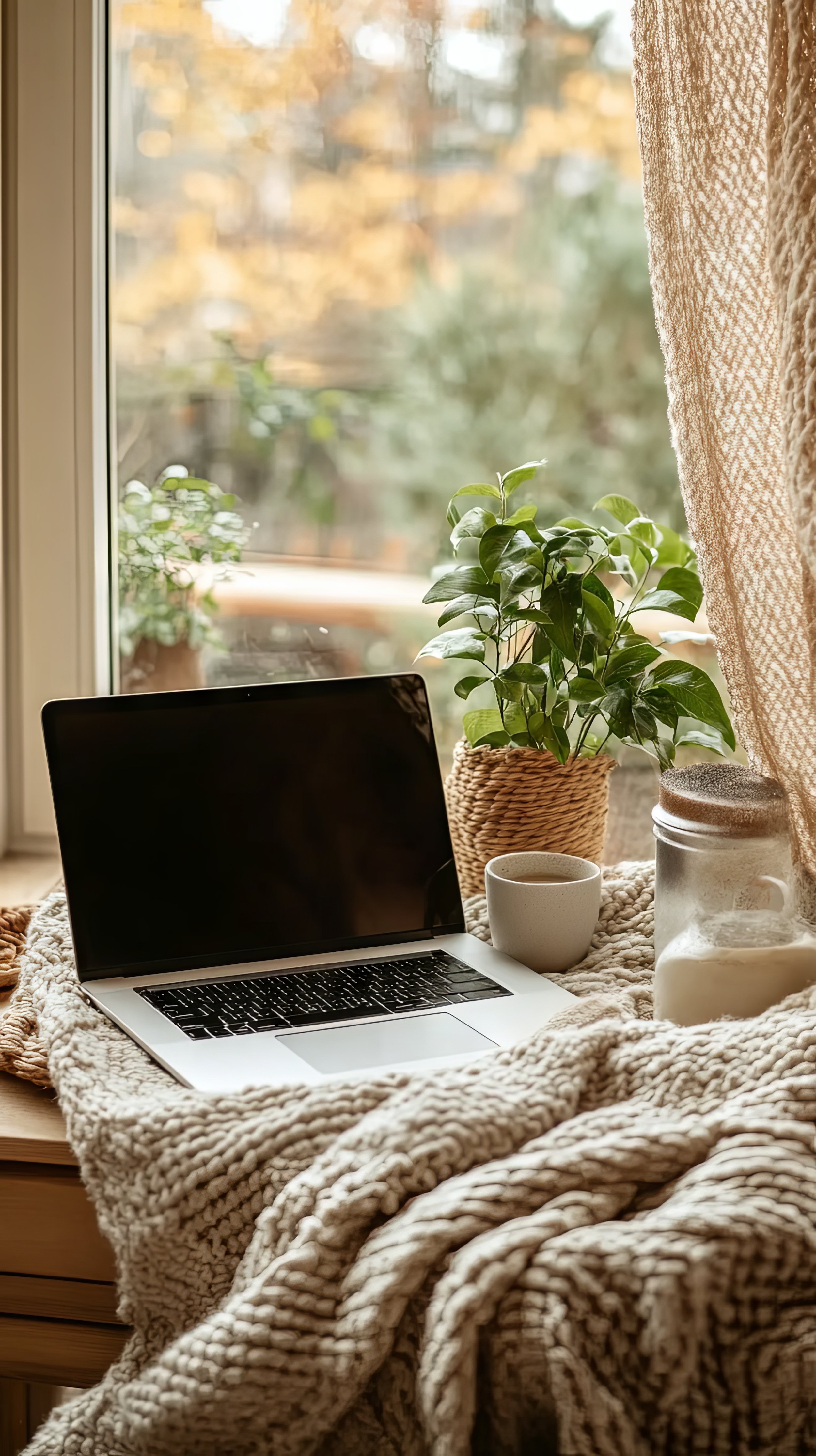 A cozy desk setup with an open laptop, a coffee mug, a glass jar of cream, potted plant, and a candle on a textured blanket near a window with curtains, showing fall foliage outside.