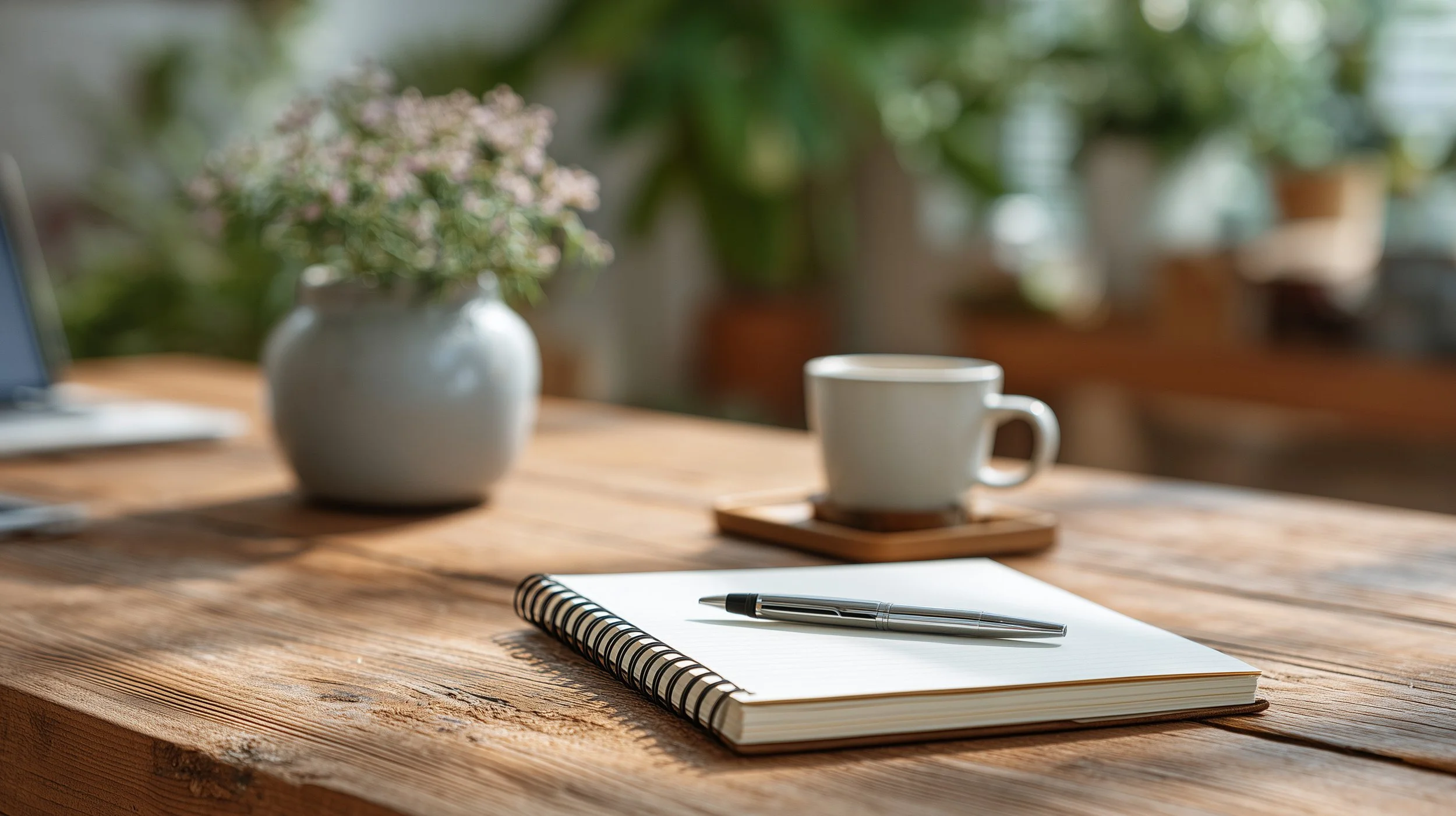 A wooden desk with a notebook and pen, a white coffee mug on a saucer, a potted plant, and a laptop in a bright, cozy indoor setting with natural light.